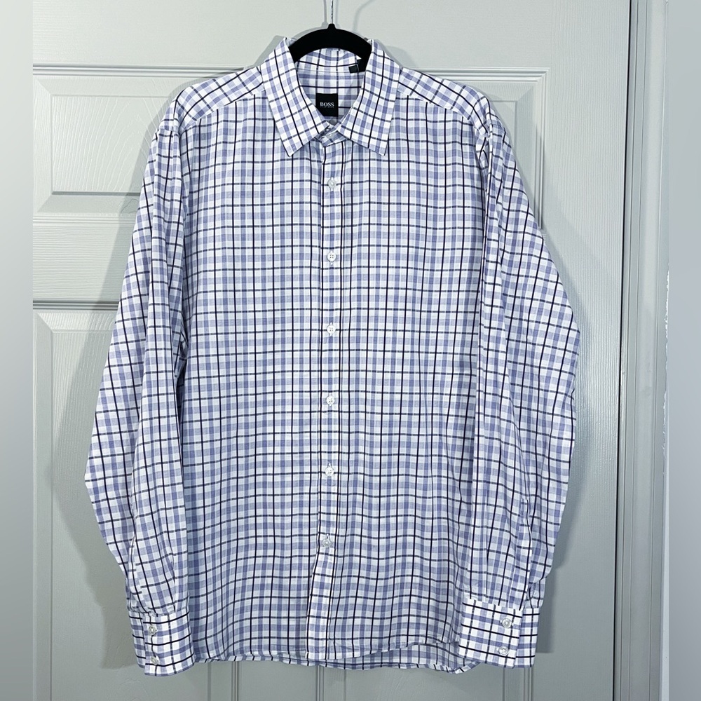 Hugo Boss Men's White and Blue Plaid Dress Shirt